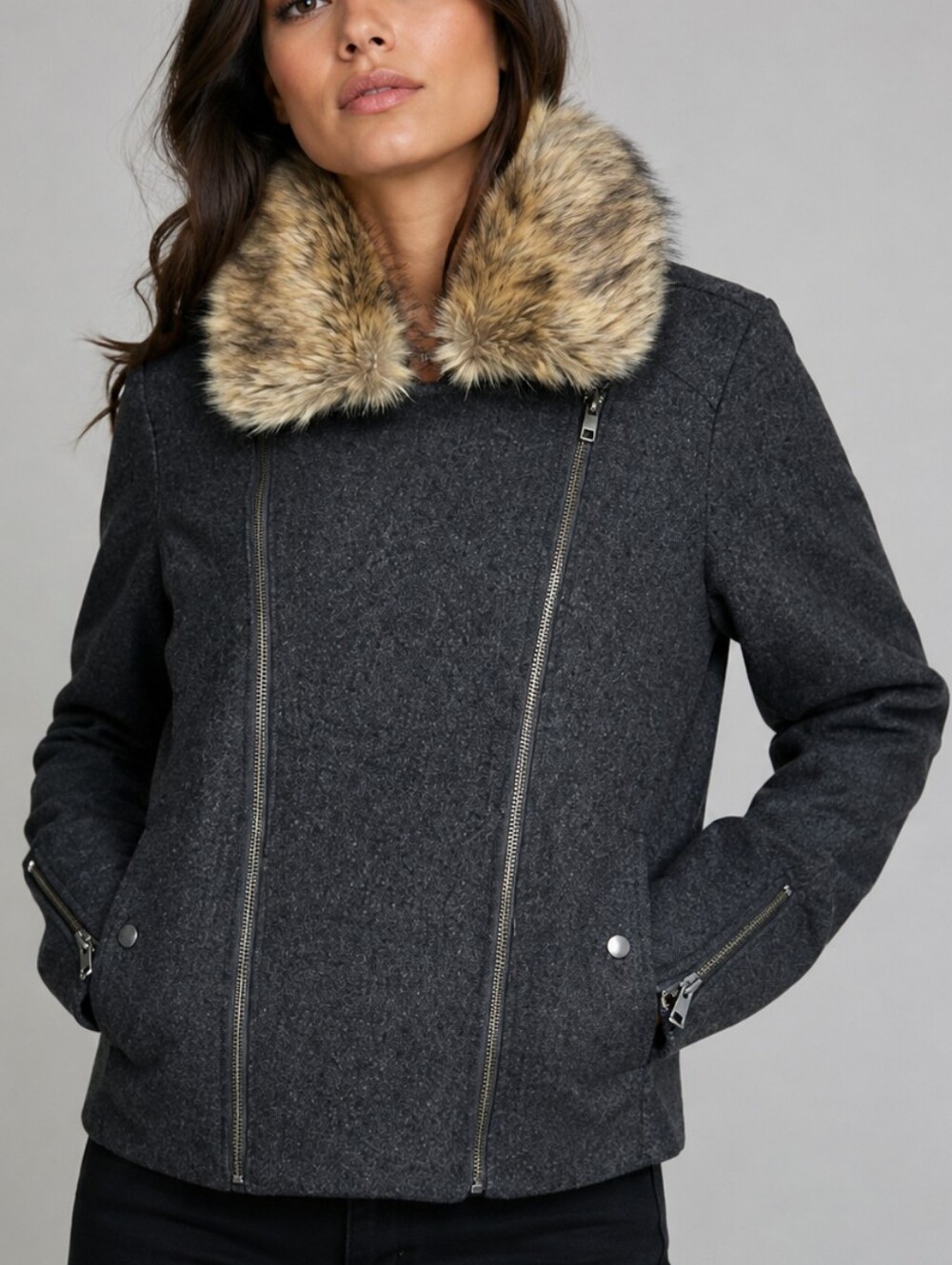 Maurices Dark Gray Faux Fur Collared Jacket